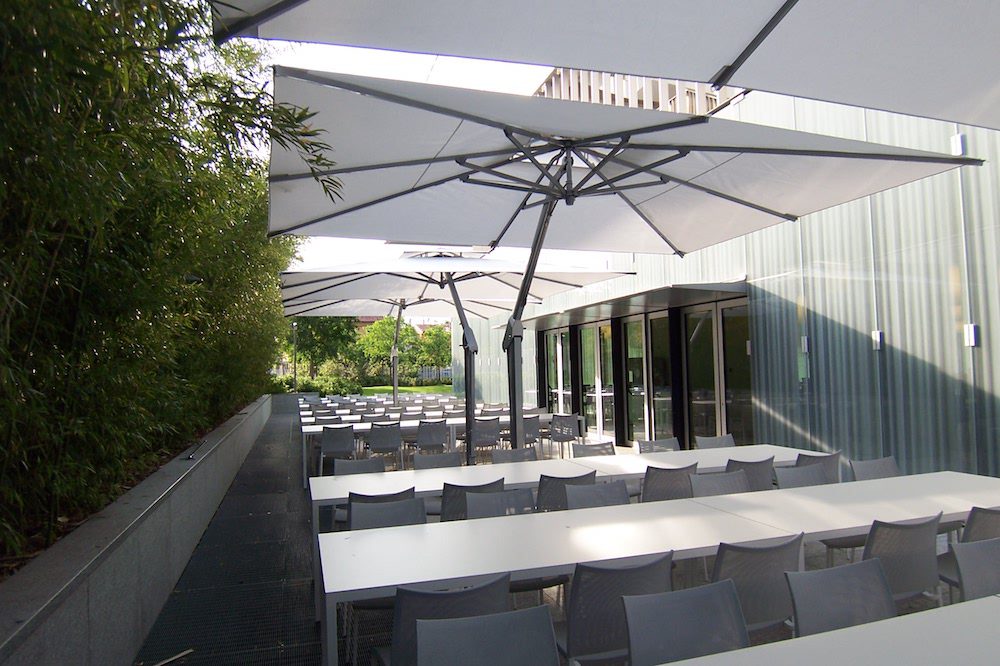 cool patio umbrella Alpha Joy 15ft Extra Large Outdoor Patio Double-Sided Umbrella with LED Solar Lights & Umbrella Base, Beige, Size: 15'