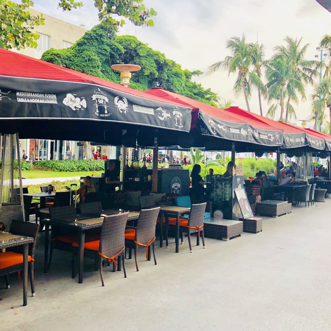 Outdoor umbrella seating area