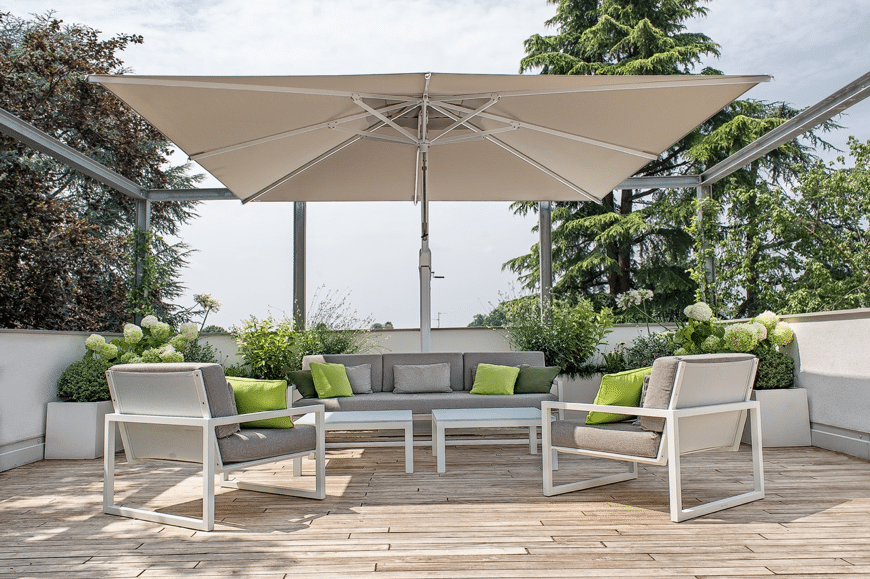 are any patio umbrellas made in usa Fiberbuilt 7.5' Hex Garden Umbrella 6 Rib Push Up Champagne Bronze with Beige Vinyl Coated Weave Canopy meet the needs of outdoor leisure life. California Umbrella Grove Series 6'